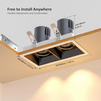 LED Square Recessed Lighting, 24W Adjustable Downlight, Aluminum Recessed Ceiling Light with junction Box, 5 CCT 2700K-6000K, TRIAC Dimming Rotation Spotlight for Living Room Bedroom Hallway Kitchen