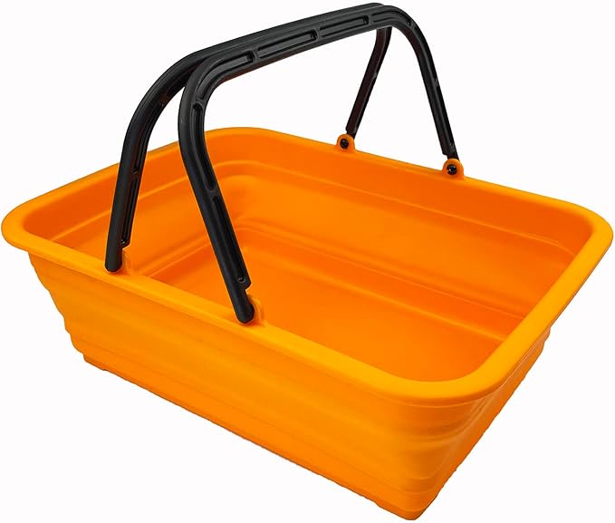 SAMMART Collapsible Basket with Handle 8L (2.1 Gallon) - Portable Outdoor Picnic Basket/Crate - Foldable Basin for Washing Dishes,Camping,Hiking (Golden Yellow + Mandrain Red (Set of 2))