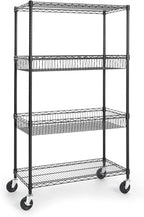 CAPHAUS NSF Commercial Heavy Duty 4 Tier Wire Shelving w/Two Rectangle Baskets, Wheels, Leveling Feet, Storage Metal Shelf, Basement Garage Shelving, Utility Wire Rack Storage Black