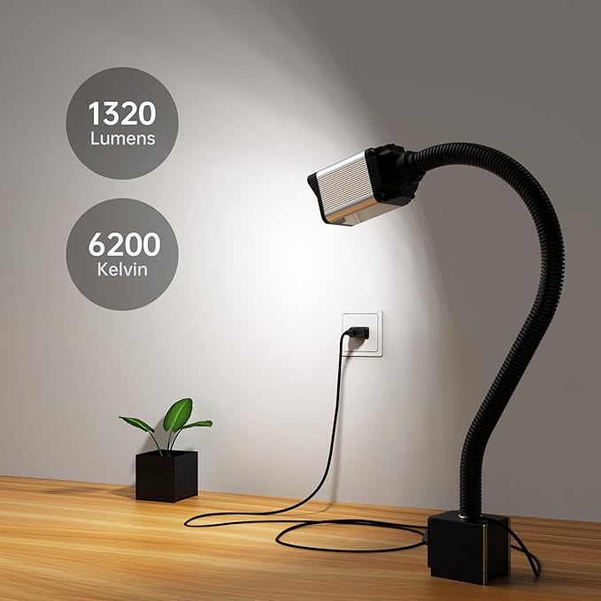 LED lathe Work Light, 20in Flexible Gooseneck Lamp with 28LEDs, 1200 Lumen Machine Light for LatheCNc Milling Drill Press Sewing Machine IndustrialLighting,120V(Base with 4screw holes)