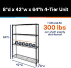 Shelving Inc. 8" d x 42" w x 64" h Black Wire Shelving with 4 Tier Shelves, Weight Capacity 300lbs Per Shelf