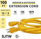 EP 100 Ft Outdoor Extension Cord, 12/3 SJTW Heavy Duty Extension Cable with 3 Prong Grounded Plug, 15 AMP Power Cord for Lawn, Garden, Appliances, Yellow