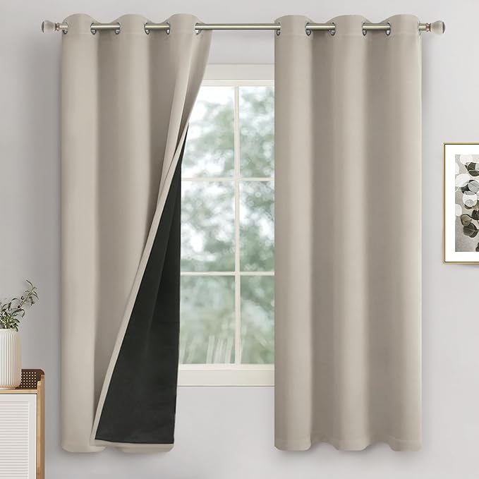 Camel 100% Blackout Curtains for Bedroom 63 Inch Length, Thermal Insulated Sun Blocking Window Curtains Soundproof Grommet Thick Heavy Drapes, Each 42 Inch Wide