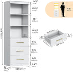 Winkalon 71“H White Bookshelf with LED Light, Bookcase and Bookshelf with Drawers, Tall Bookcase Tall Storage Cabinet 3-Tier Open Shelves for Home Office Living Room Bedroom, 15.8"D x 23.6"W x 70.9"H