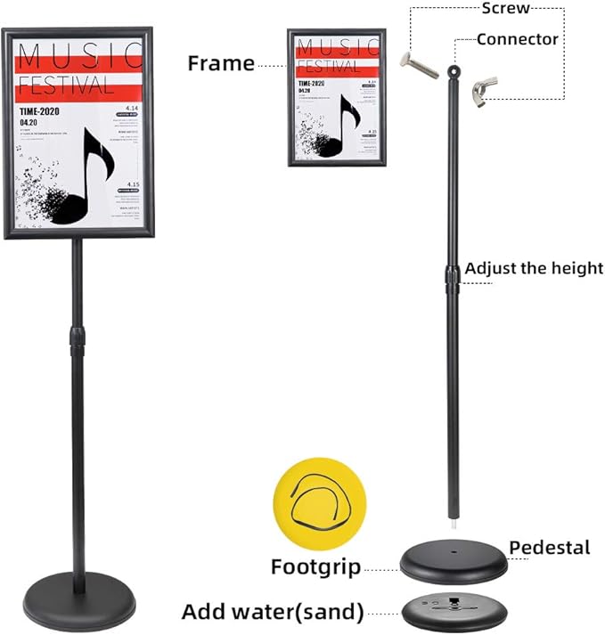 Adjustable Poster Sign Stand with Heavy Duty Base Sign Holder Aluminum Snap Open for 11x17 inches Both Vertical and Horizontal View Displayed Used for Living and Business(Black-2pack)