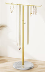 Gold Necklace Holder Jewelry Organizer Stand – Adjustable Height T‑Bar Jewelry Display with White Marble Base, Necklace & Bracelet Holder, Countertop Jewelry Stand