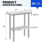 Hally Stainless Steel Table for Prep & Work 30 x 12 Inches, NSF Commercial Heavy Duty Table with Undershelf and Galvanized Legs for Restaurant, Home and Hotel