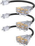 2FT 12 Gauge Outdoor Extension Cord with 3-Outlets, 3Pack, Heavy Duty 3 Prong Extension Cord Waterproof with Lighted end, 15A 12AWG 1875W SJTW, ETL Listed, Black