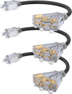 2FT 12 Gauge Outdoor Extension Cord with 3-Outlets, 3Pack, Heavy Duty 3 Prong Extension Cord Waterproof with Lighted end, 15A 12AWG 1875W SJTW, ETL Listed, Black