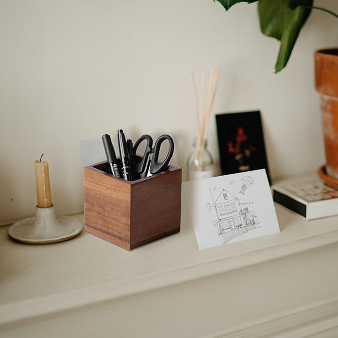Remote Control Holder Caddy, Farmhouse Acacia Wood TV Remote Holder, Vintage Desk Caddy, Remote Organizer for Table (Brown - for 2 or 3 Remote Controls)