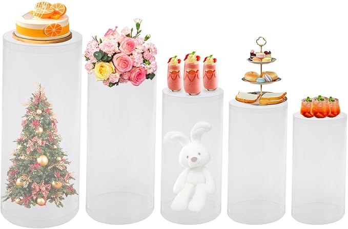5 Pcs Wedding Cylinder Stands, Clear Acrylic Round Pedestal Stand, Floor Standing Clear Cylinder Stands for Wedding Birthday Party 19.6'', 21.6'', 23.6'', 29.5'', 35.4'' H