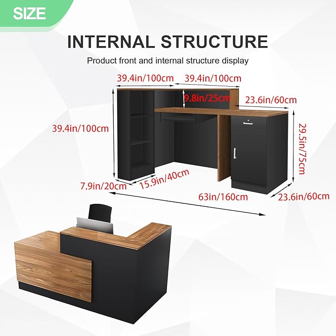 L Shaped Reception Desk with Lockable Drawer and Cable Grommets Front Desk Retail Checkout Counter Table for Salon Lobby Shop Office Reception Room Wood and Black Left 63inch/160cm