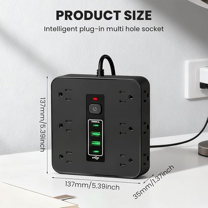 16-in-1 Power Strip with Switch & Surge Protection, Travel Extension Cord with USB Ports, Outlet Electrical Extender, 6.5FT Extension Cord On/Off Switch, 16 Outlet USB-C Power Strip(White)