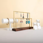 GemeShou wooden earring holder organizer for girls, walnut stud earring display stand for boutique store, jewelry storage organizer shelf【Walnut stand-Two Tiers】