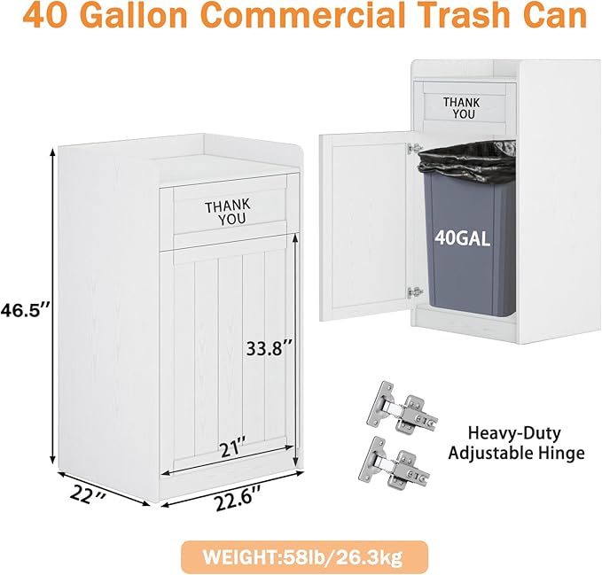 40 Gallon Trash Can Cabinet, Wooden Restaurant Trash Can with Tray Holder, Large Commercial Garbage Cabinet for Restaurant Cafeteria Office, White