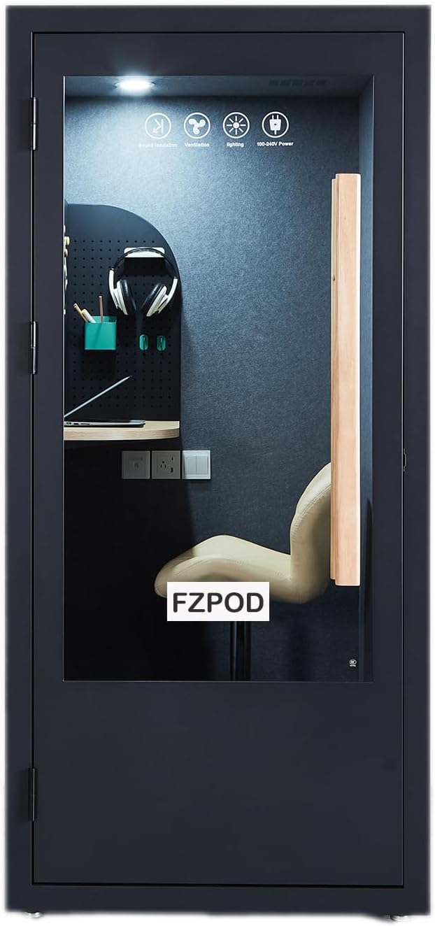 Office Pod, Mobile Office Pod Booth, Solo Soundproof Booth with Acoustic Panels, Sound Pod Silent Ventilation, Wheels and Feet, Privacy pod, Built-in Table, LED Lighting, AC, USB Ports - Black