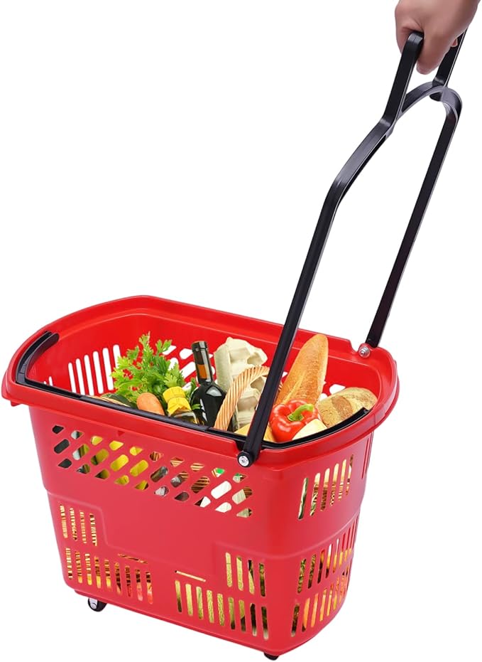 12PCS Plastic Shopping Basket with Handles & Wheels, 35L Rolling Shopping Carts, Grocery Basket with 4 Wheels and Handle, Portable Shopping Baskets for Retail Stores, Supermarkets (12PCS - Red)