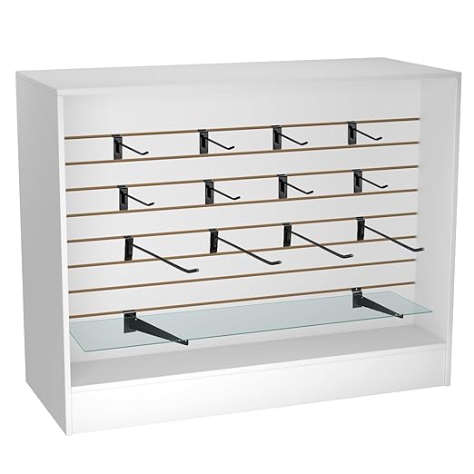48” W ×20” D × 38” H - Ledge top Checkout Counter with Slatwall Display Front, White Wooden Slat Wall Cash Register Stand,Retail Counter Display