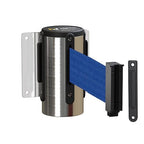 Montour Line WM115 Wall Mounted Retractable Belt Barrier with Standard Belt End, Fixed Mount, Polished Stainless Steel Casing (8.5 ft Dark Blue Belt)