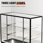 48”D * 20”W * 38”H - Freestanding Retail LED Full Vision Glass Display Case, Black Aluminum Frame, Two Adjustable Height Tempered Glass Shelves
