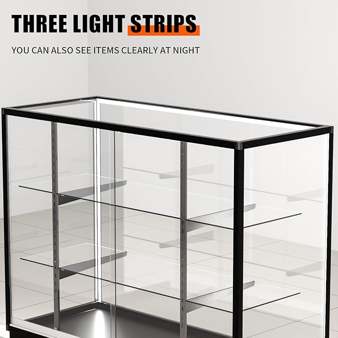 48”D * 20”W * 38”H - Freestanding Retail LED Full Vision Glass Display Case, Black Aluminum Frame, Two Adjustable Height Tempered Glass Shelves