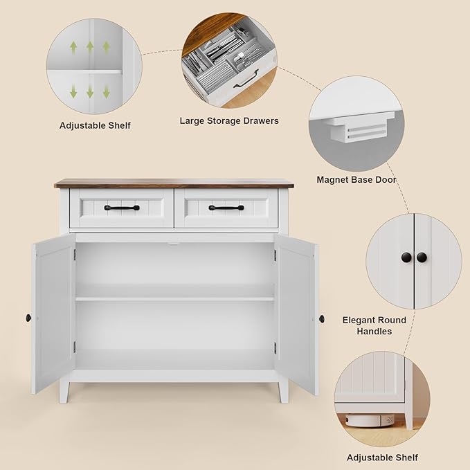 Gizoon Kitchen Sideboard Buffet Cabinet, 32'' H Large Kitchen Storage Island and Adjustable Shelf, Modern Coffee Bar Console Cabinet for Dining Room, Bathroom, Entryway, Retro