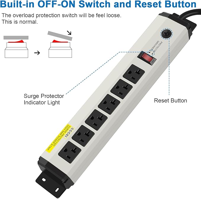 CCCEI 12 Gauge Heavy Duty Power Strip Surge Protector 4800J, 20 Amp 6 Plug Industrial Shop Garage Metal Multiple Outlets, 20 FT Extension Cord 5-15P Adapter High Amp 6-20R T-Slot 20a for Appliance.