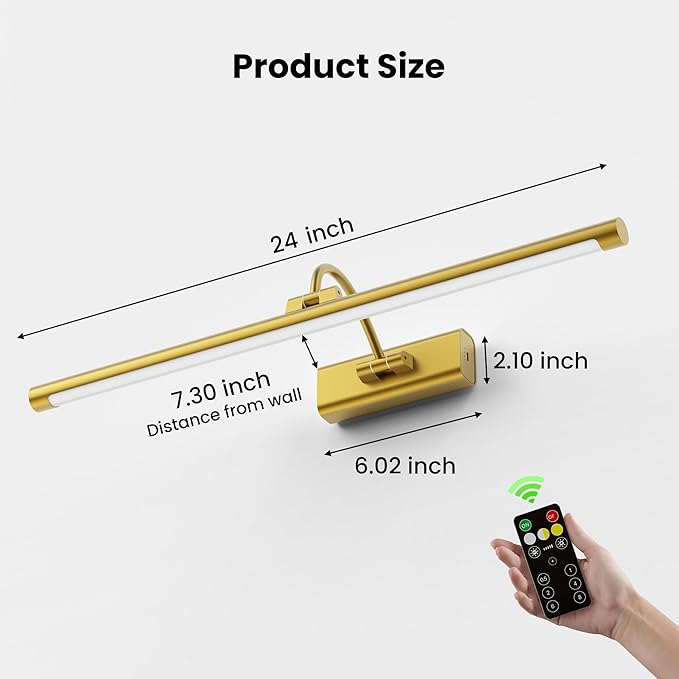 24" Picture Frame Light with 1pcs Extra 8000mAh Battery - Brass Cordless Rechargeable Wall Sconce with Remote for Office, Hallway & Large Art