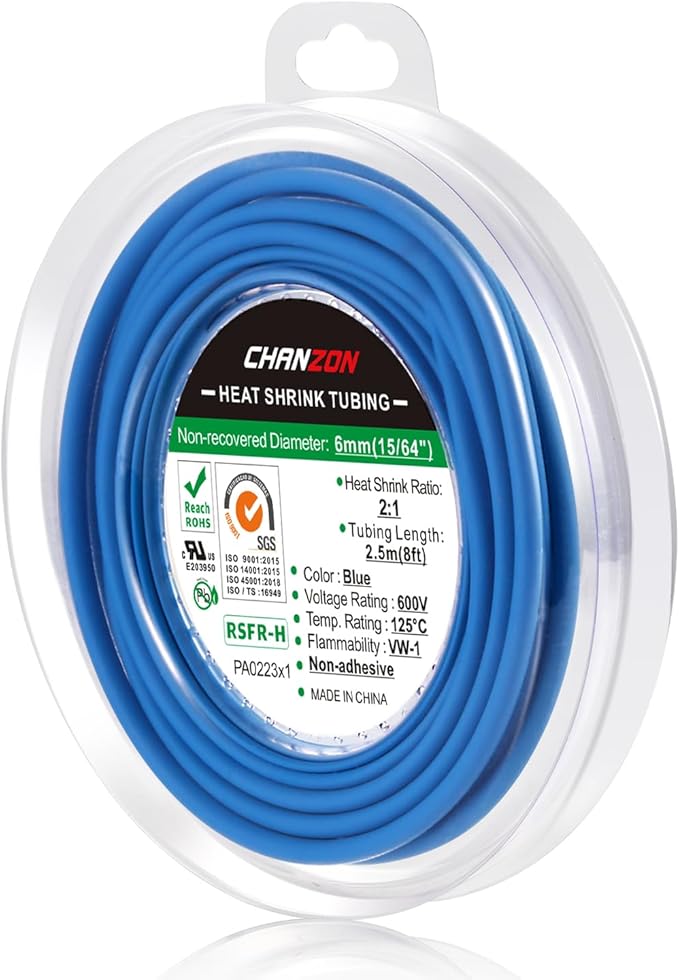 Chanzon 2:1 Ratio 1/4" (6mm) Heat Shrink Tubing 8Ft Roll (2.5M Total Length) Blue Polyolefin Sleeving Wrap Shrinking 2 to 1 1pcs