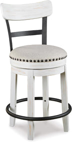Signature Design by Ashley Valebeck | Modern Swivel 24.5" Counter Height Barstool – Rustic-Industrial Whitewash, Upholstered Cushion, 360° Swivel, Nailhead Trim