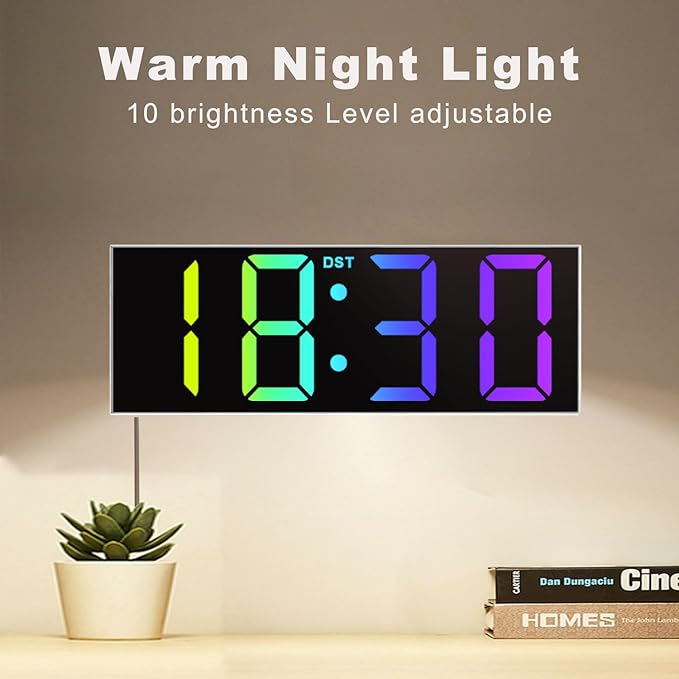 JALL 12'' Large Digital Wall Clock, Big LED Number Dispaly, RGB Colors, DST, Night Light for Classroom Living Room Bedroom Mounted Birthday Xmas Gift for Senior, Mem Womem (A White Shell, 12 inches)