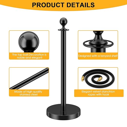 LOVMOR 6PCS Stanchion Post, Crowd Control Barriers, 5 ft Black Velvet Rope Red Carpet Ropes and Poles, Stainless Steel Gold Stanchions Used for Theaters, Parties, Wedding, Exhibition