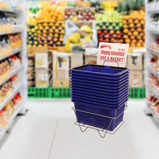 SSWBasics Blue Shopping Basket with Stand, Set of 12, 8-1/2"H x 12"W x 17"L - Ideal Grocery Baskets for Retail Environments