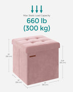 SONGMICS Small Storage Ottoman, Folding Ottoman Cube, 15 x 15 x 15 Inches, Footstool, Footrest, 11 Gal. (43 L), Velvet Surface, for Bedroom, Living Room, Dorm, Jelly Pink ULSF227R01