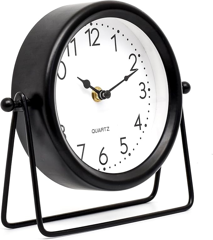 Vintage Black Table Clock on Stand, Decorative Desk and Shelf Clock Decorative Battery Operated Table Top Decor for Living Room，Silent Non-Ticking