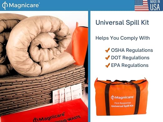 Universal Spill Kit OSHA Approved (4 Pack) - Biohazard Clean up Kit for Oil, Water & Chemicals | Absorbent Pads, Socks, PPE, Biohazard Bags in Bright Orange Duffel Bag - 4 Pack