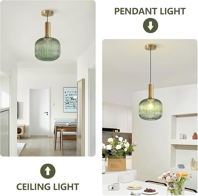 KCO Lighting Vintage Green Glass Pendant Light Kitchen Island Lighting Farmhouse Ribbed Glass Pendant Lighting Large Globe Pendant Light Fixture Brass Gold Single Ceiling Hanging Light