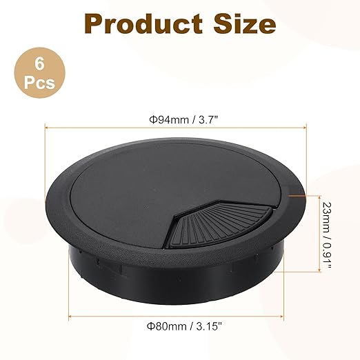 uxcell 6 Pcs 80mm (3.15 Inch) Desk Grommet, Plastic Cable Hole Cover, Wire Cord Cable Organizer for Home Office Computer Desk Cabinet, Black