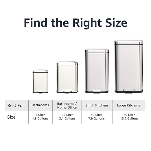 Amazon Basics Smudge Resistant Rectangular Trash Can With Soft-Close Foot Pedal, Brushed Stainless Steel, 30L/7.9 Gal, 13.8x11.8x25 in, Satin Nickel Finish