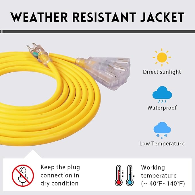 EP 10 Ft Lighted Outdoor Extension Cord with 3 Electrical Power Outlets - 14/3 SJTW Heavy Duty Yellow Extension Cable with 3 Prong Grounded Plug - Power Cord for Lawn, Garden, Appliances