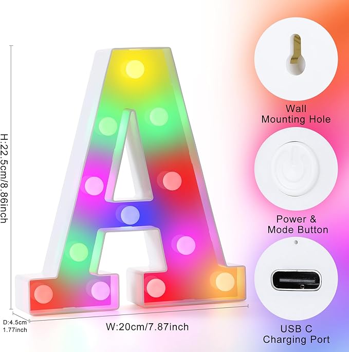 mooncow Rechargeable Light Up Letters,Colorful Marquee Letters with Remote,Gift Wrap Gifts,Bedroom Home Bar Party Decor (A)