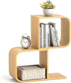 Giantex S-Shaped Bookcase, 2-Tier Bamboo Bookshelf with 2 Open Cubes, Geometric Corner Display Shelf, Decorative Storage Organizer, Floor Storage Rack for Living Room, Study, Home Office, Natural