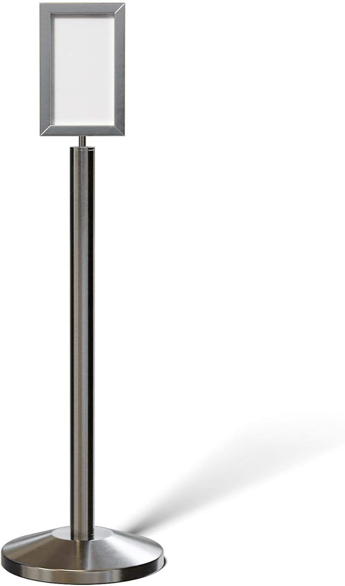 Crowd Control Warehouse Pedestal Standing Floor Sign Frame with Sloped Base, 7x11 Inch Vertical, Satin Stainless Steel