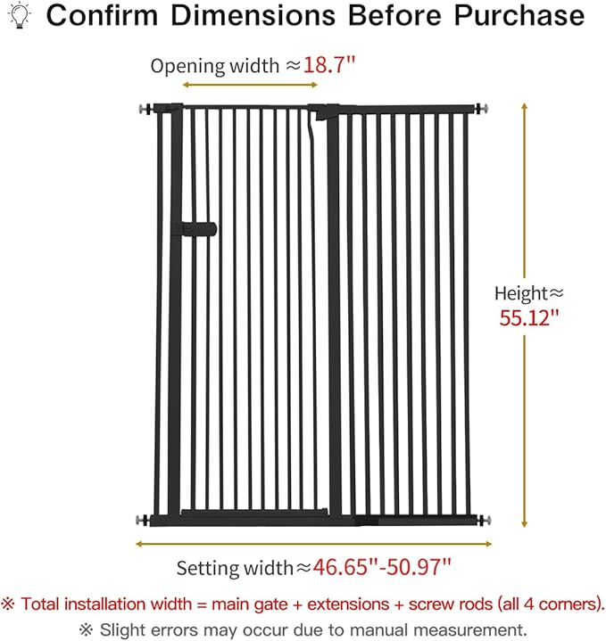 Lumizone Extra Tall Cat Gate 55.12" High Pressure Mounted Extra Wide 2025 New (17 Sizes) 1.37" Gap No Drilling Auto-Close One-Handed Operation Tall Pet Gate for Dogs(Black, 55.12" H x 46.65"-50.97" W)