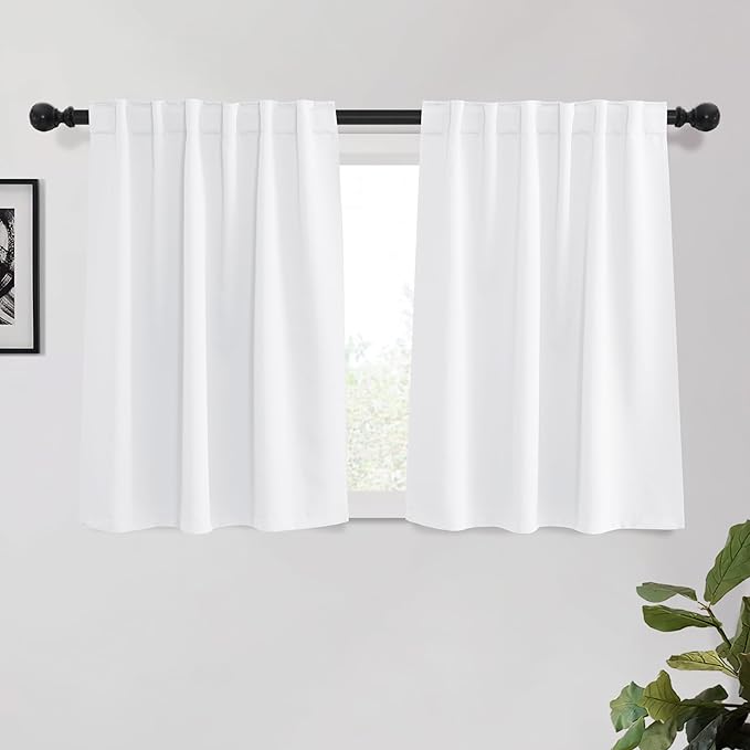 KGORGE White Kitchen Curtains 45 inch Length, Privacy Room Darkening Drapes Thermal Insulation Noise Reducing Curtains for Kids Room, Back Tab Rod Pocket, W34 x L45 inches, 2 Panels