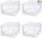 Sterilite 12-Pack 27 Quart Stacking Drawer, Clear Storage Closet Organizer, White Frame - Stackable Modular Plastic Drawers for Clothes, Accessories, Craft Supplies, Shoes or Linens
