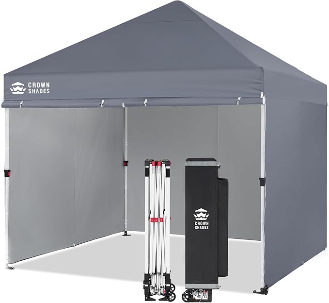CROWN SHADES Pop Up Canopy Tent, 8x8 Commercial Canopy Tent with 4 Sidewalls, 4" Wheels, 4 Upgraded Weights, Patented Centerlock, 400D Fabric, Sto'N Go Bag, Gray