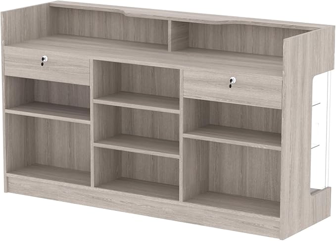 Ledgetop Checkout Counter with Glass Showcase View Front, Black Wooden Cash Register Stand with Showcase,Retail Glass Display Cabinet Counter (Gray Wood Grain, 72 in)
