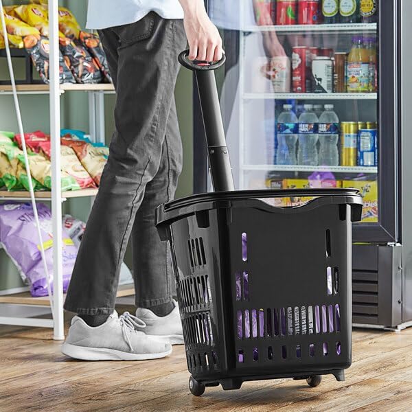 Black Plastic Shopping Basket with Wheels, 21.25x16.5 Inch, 45 lb Capacity, Telescopic Handle, Stackable Design