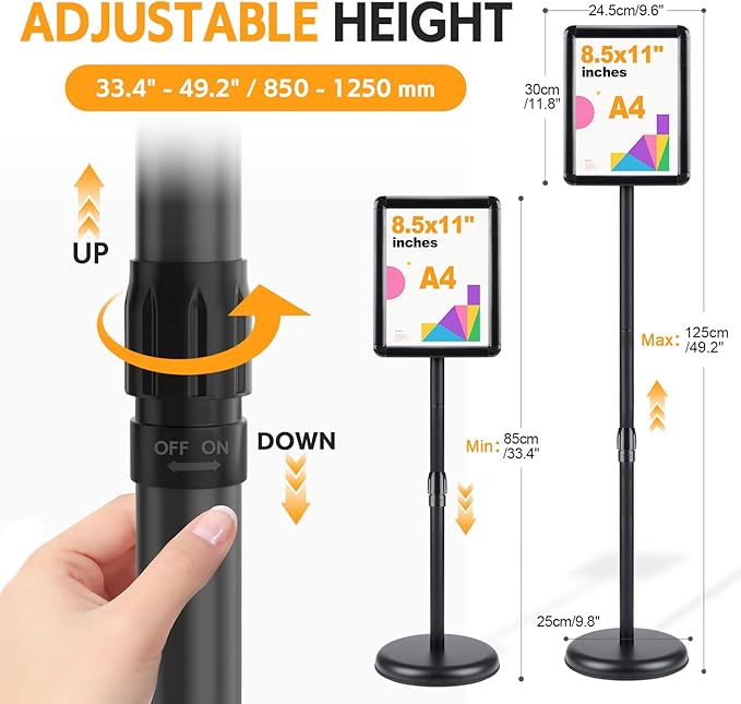 RedChili Floor Standing Sign Holder Stand, 8.5x11 Inches Stand Up Sign Holder with 360° Rotated Snap-Open Frame Height Adjustable Tall Sign Stand Vertical Horizontal View Display for Stores Schools Restaurants (Black, Round Corner)